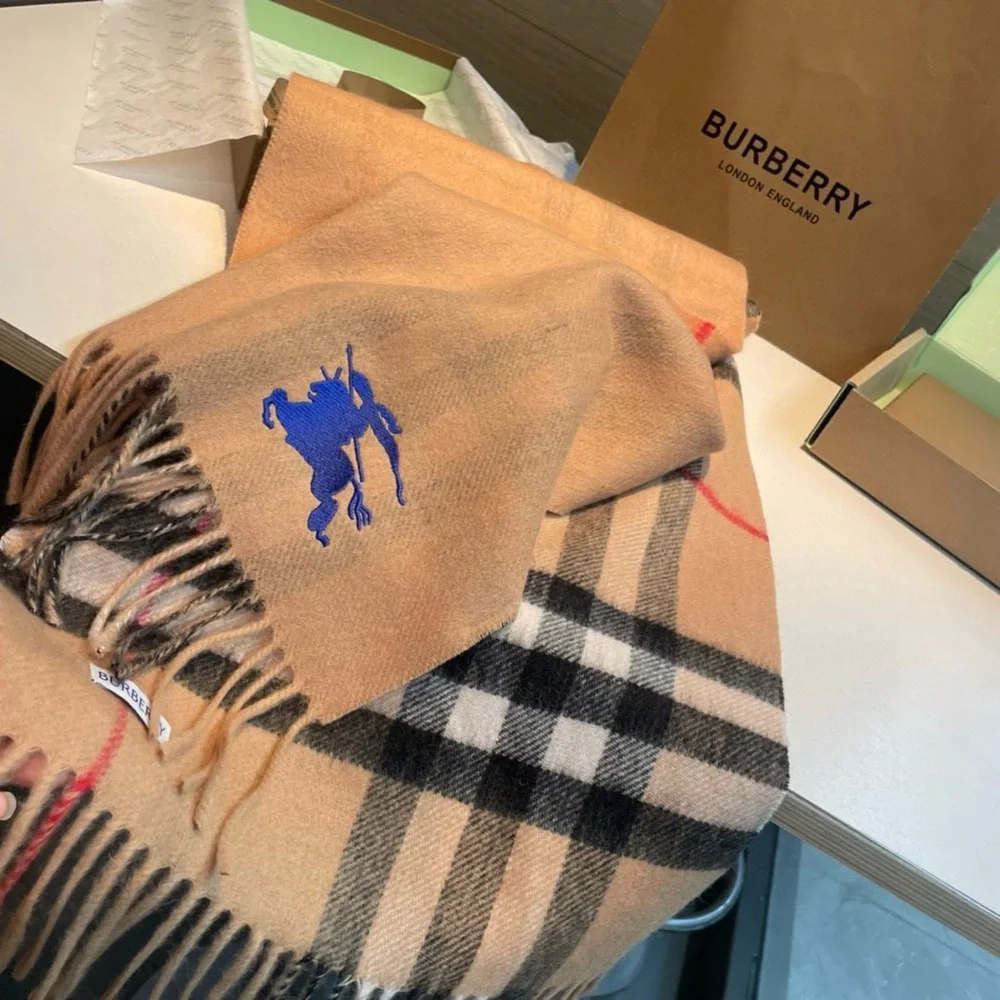 Burberry Camel Scarf with Vibrant Blue Emblem - Picture 2 of 9